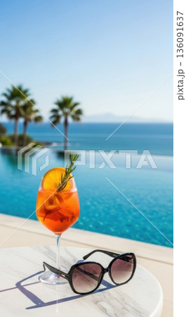 Vibrant Orange Spritz Cocktail on Poolside Table Under Clear Sky Vibrant Orange Spritz Cocktail on Poolside Table Under Clear Sky 136091637
