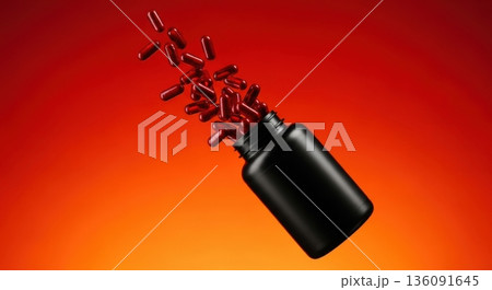 Explosion of Red Capsules Flying Out of Black Supplement Bottle 136091645