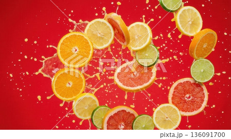 Exploded View Of Tropical Citrus Fruit Slices And Juice Splash Exploded View Of Tropical Citrus Fruit Slices And Juice Splash 136091700