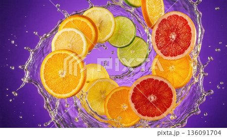 Exploded View Of Tropical Citrus Fruit Slices And Juice Splash 136091704