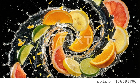 Exploded View Of Tropical Citrus Fruit Slices And Juice Splash Exploded View Of Tropical Citrus Fruit Slices And Juice Splash 136091706