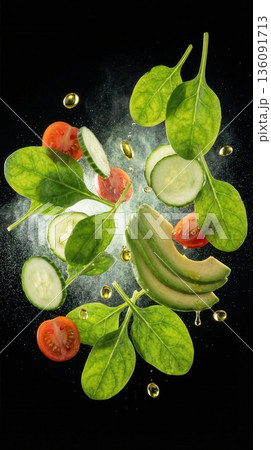 Fresh Green Vegetable Salad Ingredients Levitation Concept 136091713