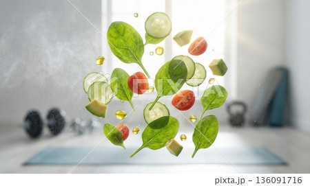 Fresh Green Vegetable Salad Ingredients fitness background Fresh Green Vegetable Salad Ingredients fitness background 136091716