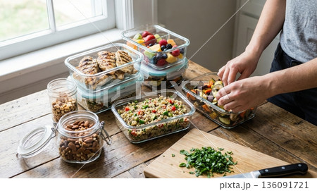 Modern Healthy Meal Prep with Glass Containers on Kitchen Table 136091721