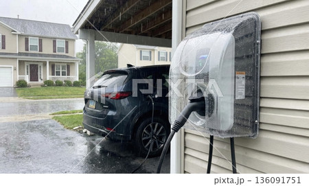 Home electric vehicle charging station protection in rain Home electric vehicle charging station protection in rain 136091751