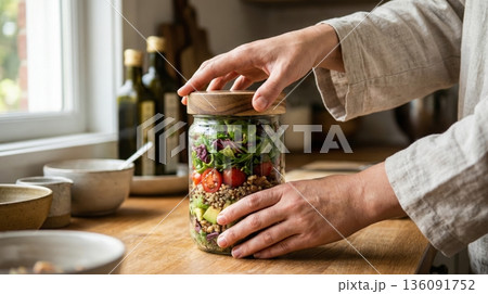 Modern Healthy Meal Prep with Glass Containers on Kitchen Table 136091752