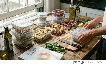 Modern Healthy Meal Prep with Glass Containers on Kitchen Table 136091786
