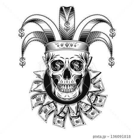 Joker, jester in harlequin hat with dollar fan Joker, jester in harlequin hat with dollar fan 136091818