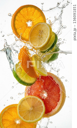 Exploded View Of Tropical Citrus Fruit Slices And Juice Splash Exploded View Of Tropical Citrus Fruit Slices And Juice Splash 136091851