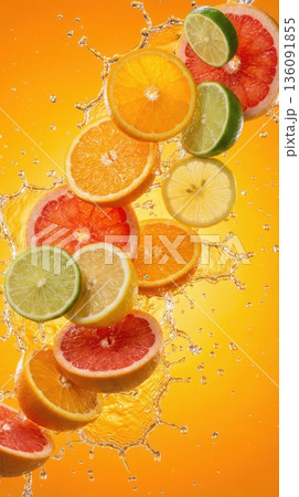 Exploded View Of Tropical Citrus Fruit Slices And Juice Splash 136091855