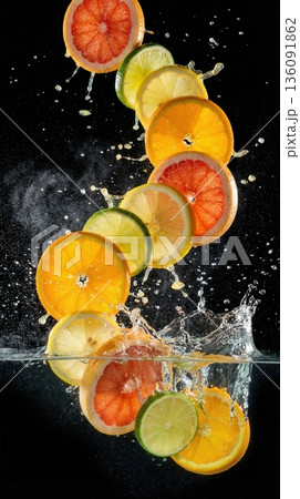 Exploded View Of Tropical Citrus Fruit Slices And Juice Splash Exploded View Of Tropical Citrus Fruit Slices And Juice Splash 136091862
