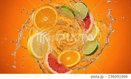 Exploded View Of Tropical Citrus Fruit Slices And Juice Splash Exploded View Of Tropical Citrus Fruit Slices And Juice Splash 136091866