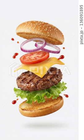Delicious Beef Burger Ingredients Flying In The Air Isolated 136091895