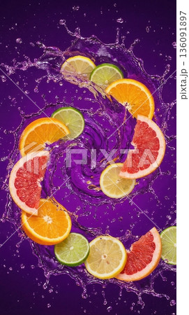 Exploded View Of Tropical Citrus Fruit Slices And Juice Splash 136091897