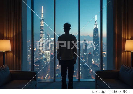 Silhouette Contemplating Passive Income Cityscape Through Window 136091909