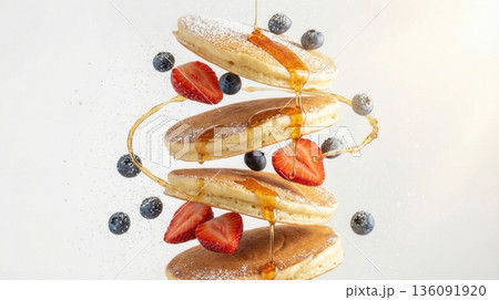 Flying Stack Of Pancakes With Berries And Honey Syrup Art Flying Stack Of Pancakes With Berries And Honey Syrup Art 136091920