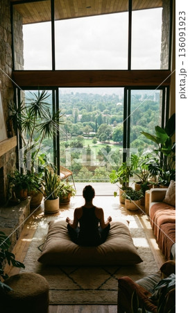 Person Relaxing in Cozy Futuristic Living Room with Indoor Trees 136091923