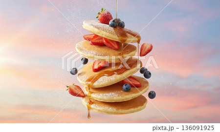 Flying Stack Of Pancakes With Berries And Honey Syrup Art 136091925