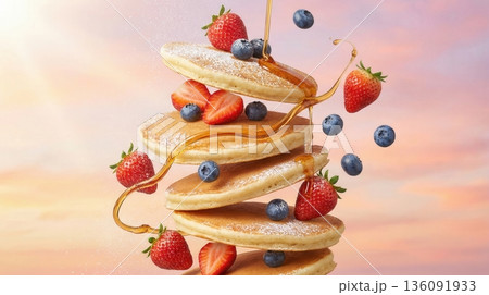 Flying Stack Of Pancakes With Berries And Honey Syrup Art 136091933