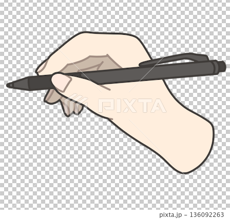 Illustration of a right hand holding a black ballpoint pen 136092263