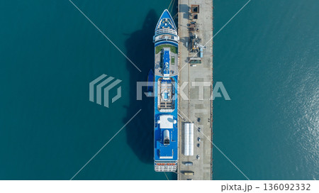 Aerial view luxury ocean cruise ship on clam blue sea, Elegant modern travel lifestyle, Luxury cruise ship liner modern maritime business ocean tourism, Global business cruise ship liner industry. 136092332