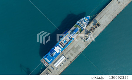 Aerial view luxury ocean cruise ship on clam blue sea, Elegant modern travel lifestyle, Luxury cruise ship liner modern maritime business ocean tourism, Global business cruise ship liner industry. 136092335