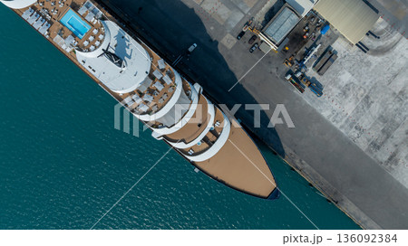 Aerial view luxury ocean cruise ship on clam blue sea, Elegant modern travel lifestyle, Luxury cruise ship liner modern maritime business ocean tourism, Global business cruise ship liner industry. 136092384