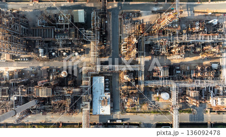 Aerial view of oil and gas petrochemical storage tank and pipeline steel, Oil and gas transportation system pipeline steel at oil and gas refinery industry petrochemical plant, Pipeline oil and gas. Aerial view of oil and gas petrochemical storage tank and pipeline steel, Oil and gas transportation system pipeline steel at oil and gas refinery industry petrochemical plant, Pipeline oil and gas. 136092478
