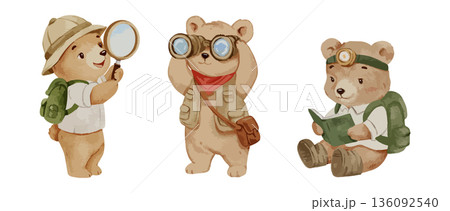 Cute hand drawn bear explorers set with backpack, magnifying glass and book, adventurous woodland animal characters in soft watercolor illustration style 136092540