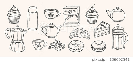 Professional espresso machine and pour over coffee brewing set hand drawn vector line art with roasted bean bag and buttery croissant for barista cafe branding 136092541