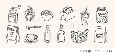 Vintage coffee equipment and morning breakfast bakery hand drawn vector line art set with manual bean grinder heart latte art and sandwich toaster icon design Vintage coffee equipment and morning breakfast bakery hand drawn vector line art set with manual bean grinder heart latte art and sandwich toaster icon design 136092543