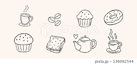 Aesthetic coffee cafe and bakery lifestyle hand drawn vector line art set with hot coffee cup muffin donut and teapot for menu design and sticker illustration Aesthetic coffee cafe and bakery lifestyle hand drawn vector line art set with hot coffee cup muffin donut and teapot for menu design and sticker illustration 136092544