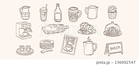 Hand drawn coffee cafe barista beverage caffeine menu with espresso latte bread and cookies cozy coffee lover set illustration 136092547
