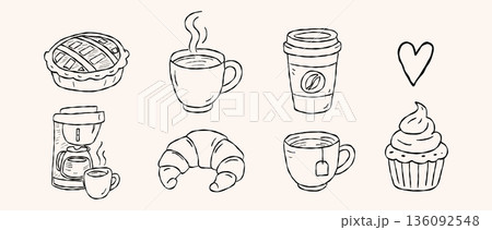 Hand drawn coffee and pastry set with cup, mug, croissant, cupcake, pie and takeaway drink for cafe menu, bakery design and cozy coffee shop concept 136092548