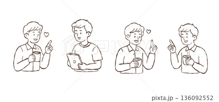 Hand drawn coffee cafe people enjoying hot drinks, casual conversation and friendly gestures, modern lifestyle scene illustration 136092552