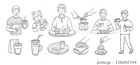 Hand drawn people enjoying coffee shop moments, reading and chatting in cozy cafe atmosphere, daily lifestyle scenes with simple line art illustration 136092554