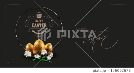 Happy Easter. Festive card with Easter eggs and a round gold frame 136092678