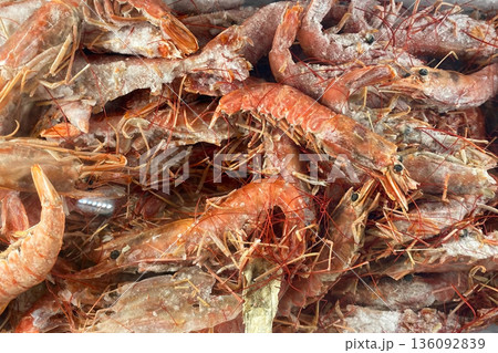 Pile of Frozen Raw Shrimp Pile of Frozen Raw Shrimp 136092839