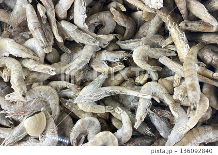 Close-up of a large pile of frozen raw shrimp and clams Close-up of a large pile of frozen raw shrimp and clams 136092840