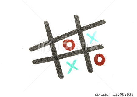 Tic Tac Toe Noughts and Crosses Childrens Board Game in Crayon on White Background 136092933