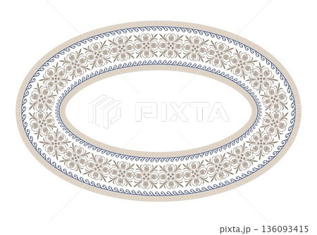 An elegant oval frame featuring ornate Greek key and floral scroll patterns in golden dusty blue against white background. Classical border design. Vintage oval frame with floral ornaments. Vector 136093415