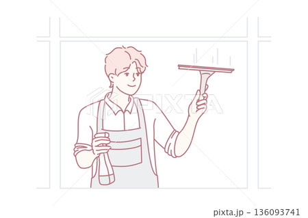 Man washes windows using brush and spray bottle with detergent. Vector image 136093741