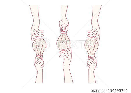 Hands sharing glowing light bulbs are metaphor for ideas or joint brainstorming. Vector image 136093742
