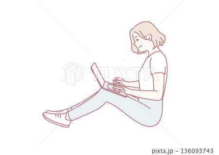 Positive woman freelancer sitting on floor near wall with laptop on lap. Vector image Positive woman freelancer sitting on floor near wall with laptop on lap. Vector image 136093743