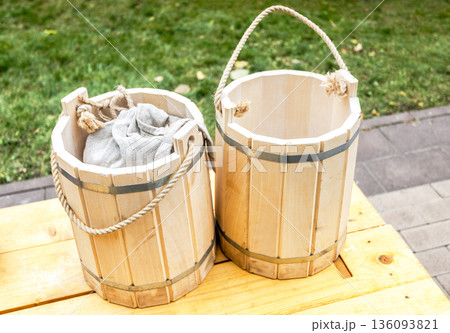 Traditional handmade wooden buckets for water 136093821