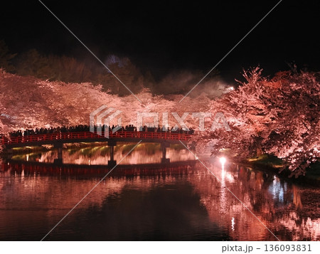 弘前城 春陽橋の夜桜ライトアップ|幻想的な桜の名所 弘前城 春陽橋の夜桜ライトアップ|幻想的な桜の名所 136093831