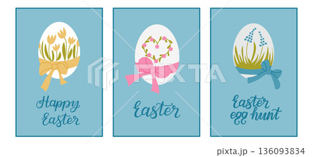 Hand drawn vector set of easter greeting cards with decorated egg illustrations and festive lettering on blue background. The image represents spring celebration, holiday greeting Hand drawn vector set of easter greeting cards with decorated egg illustrations and festive lettering on blue background. The image represents spring celebration, holiday greeting 136093834