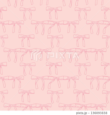 Seamless hand drawn ribbon bow pattern in soft pink line art on pastel background for decorative design. The image represents femininity, gift wrapping, celebration and romantic textile concept Seamless hand drawn ribbon bow pattern in soft pink line art on pastel background for decorative design. The image represents femininity, gift wrapping, celebration and romantic textile concept 136093838