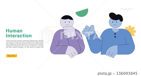 Flat vector illustration of two people interacting and communicating with friendly gestures in modern minimal style with abstract shapes on white background. 136093845