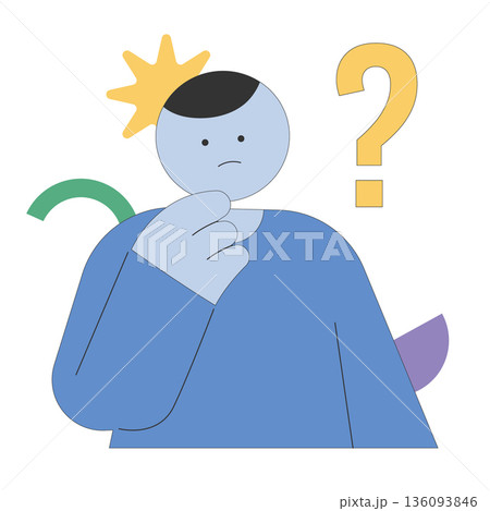 Flat vector illustration of a confused person thinking and touching chin with question mark and abstract shapes in modern minimal style on white background. 136093846